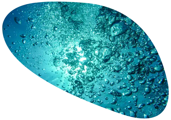 Vista debaixo d'água com bolhas de ar subindo em direção à superfície.